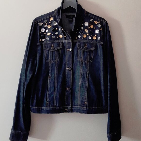 EUC Joe Fresh dark blue denim jacket w/ crystal & pearl embellishments, XL - Picture 6 of 8